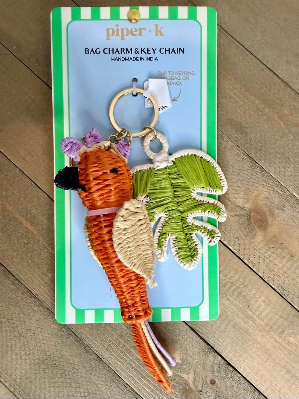 piper·k Woven Parrot Bag Charm/Key Chain — Orange, Cream & Green